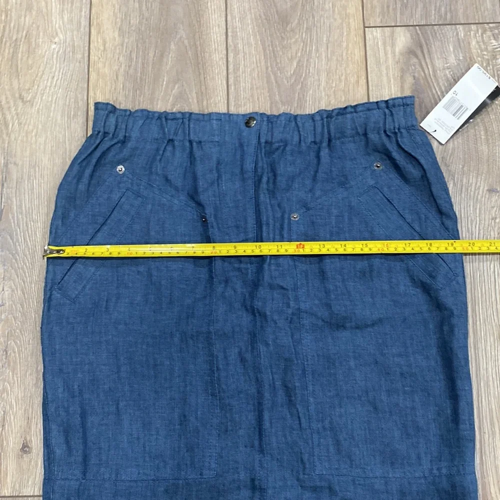 NWT DKNY 100% Linen Denim Blue Elastic Waist Knee Length Skirt 10 - Picture 13 of 16